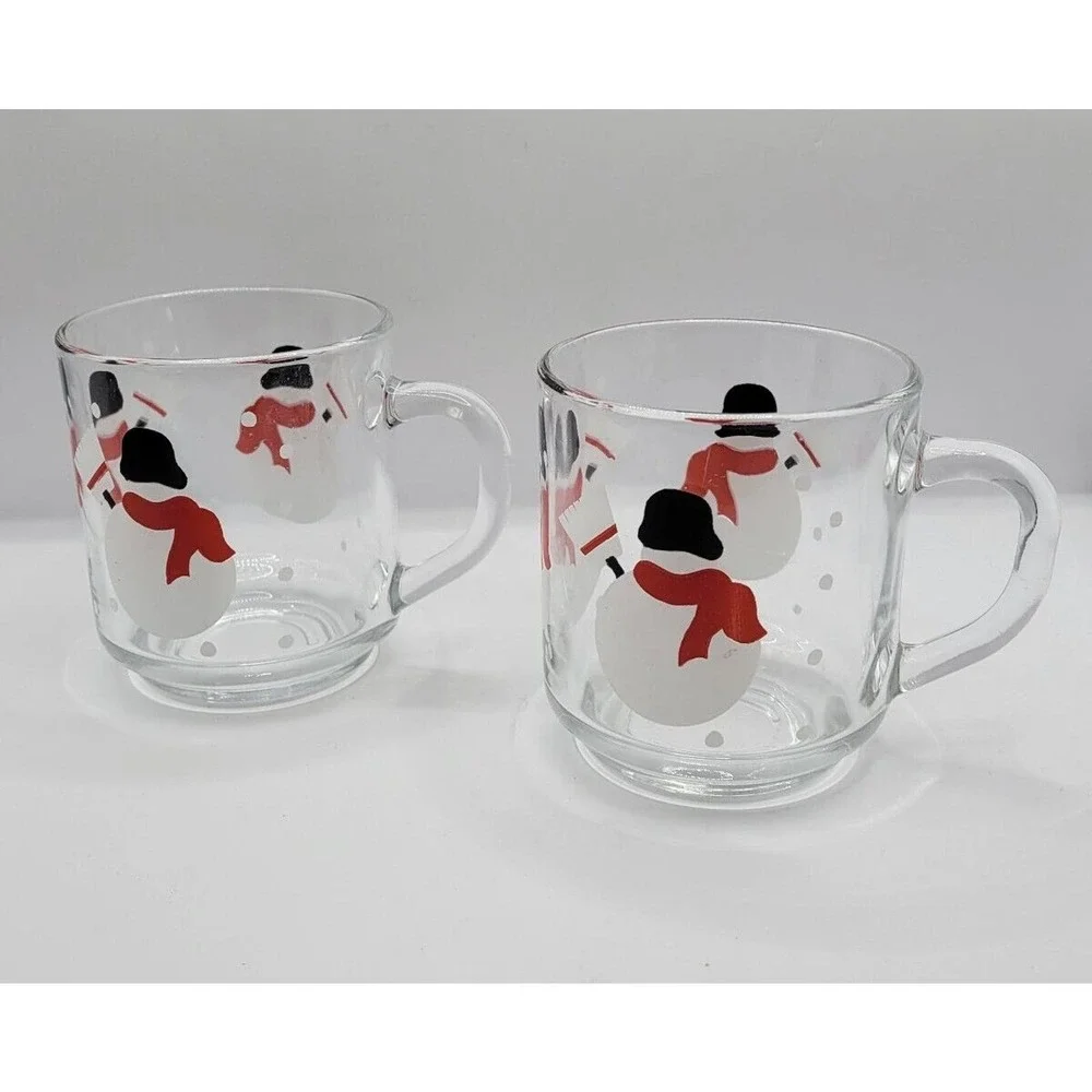 Pair Of 2 Crate & Barrel Luminarc Snowman Snowflakes 10 Oz Glass Coffee Tea Mugs